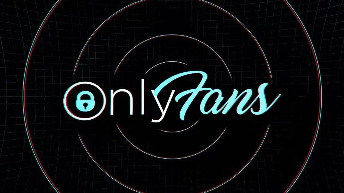 Логотип OnlyFans с красными и голубыми линиями на тёмном фоне