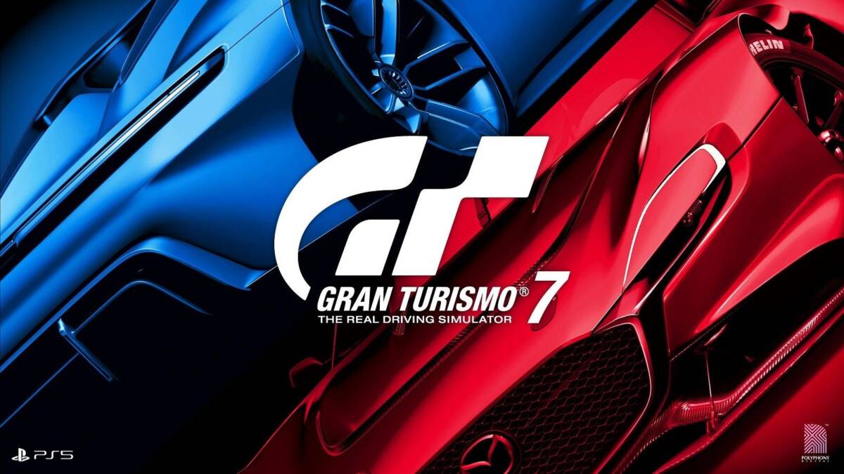Обложка Gran Turismo 7 с двумя спортивными машинами: красной и синей на фоне трека