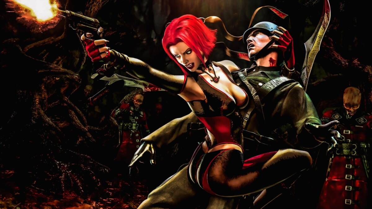 Кадр из BloodRayne ReVamped: женщина с рыжими волосами стреляет из пистолета на фоне леса