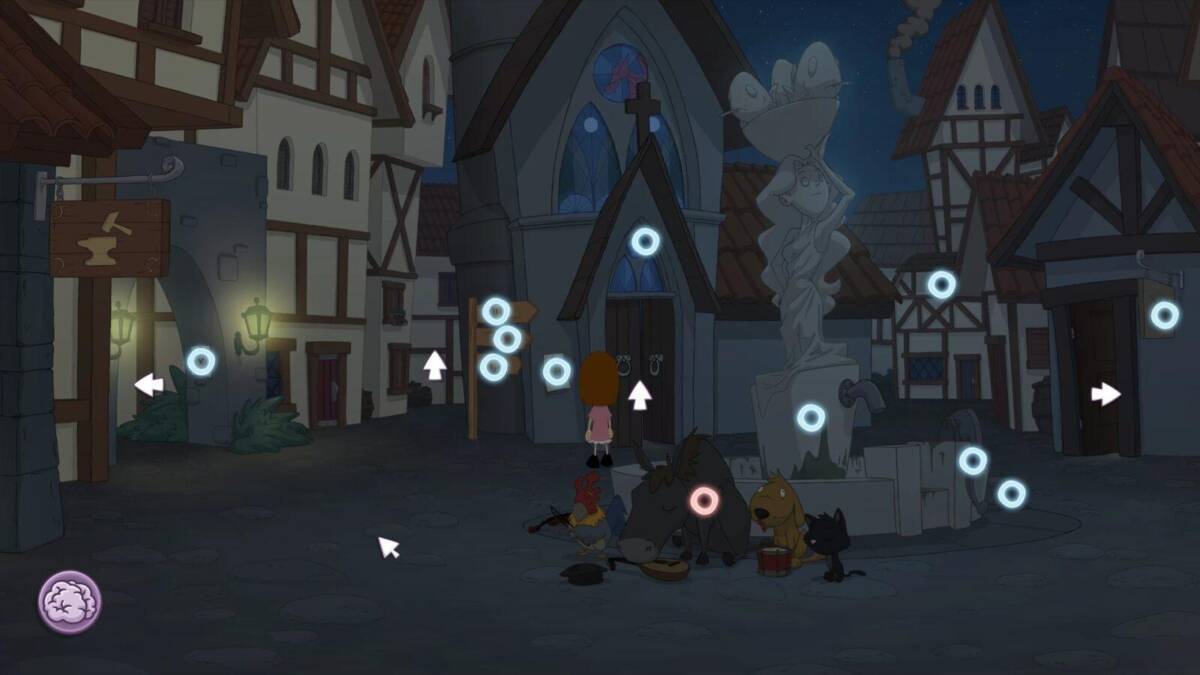 Ночной сценический фон с фигурками животных и статуей церкви из Anna's Quest