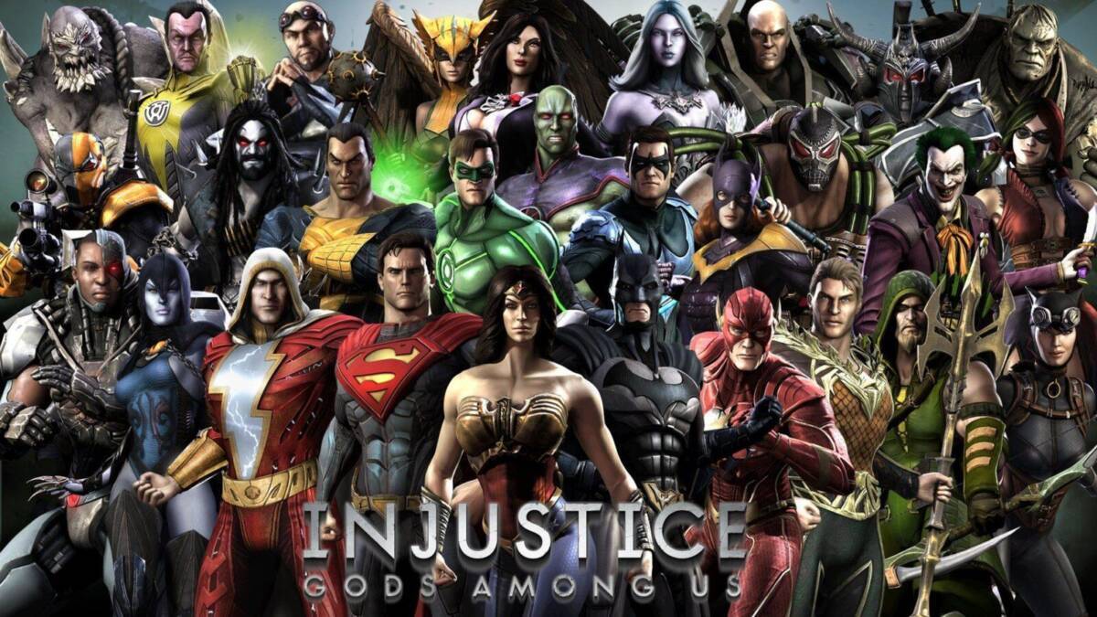 Команда супергероев и злодеев из игры Injustice: Богов среди нас на героическом фоне