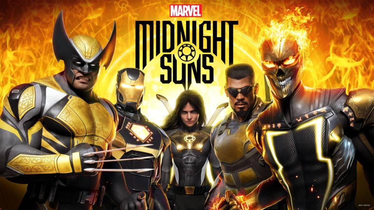 Персонажи Marvel's Midnight Suns в костюмах с огнем и золотых доспехах, кадр из игры