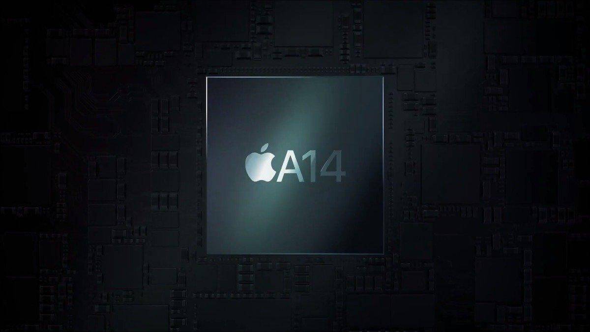 Чип Apple A14 с логотипом на черной матрице кремнию