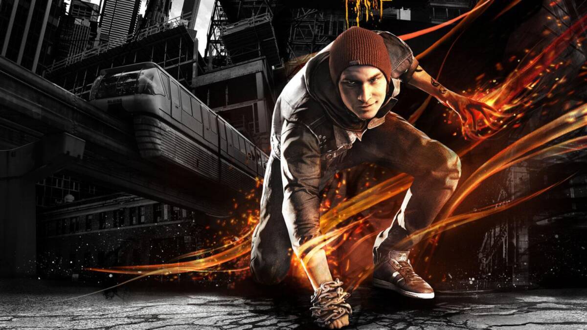 Главный герой inFamous на фоне городской сцены и вагона метро