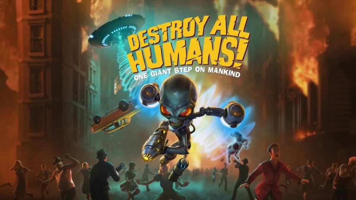 Обложка ремейка Destroy All Humans! 2: персонаж в стиле инопланетного «аллаха» и разрушения зданий