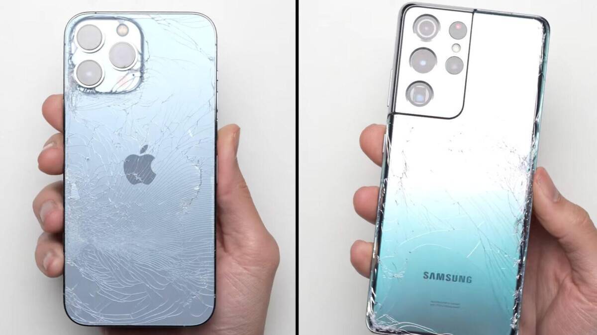 iPhone 13 Pro Max с разбитым задним стеклом и трещинами после падения в тестах