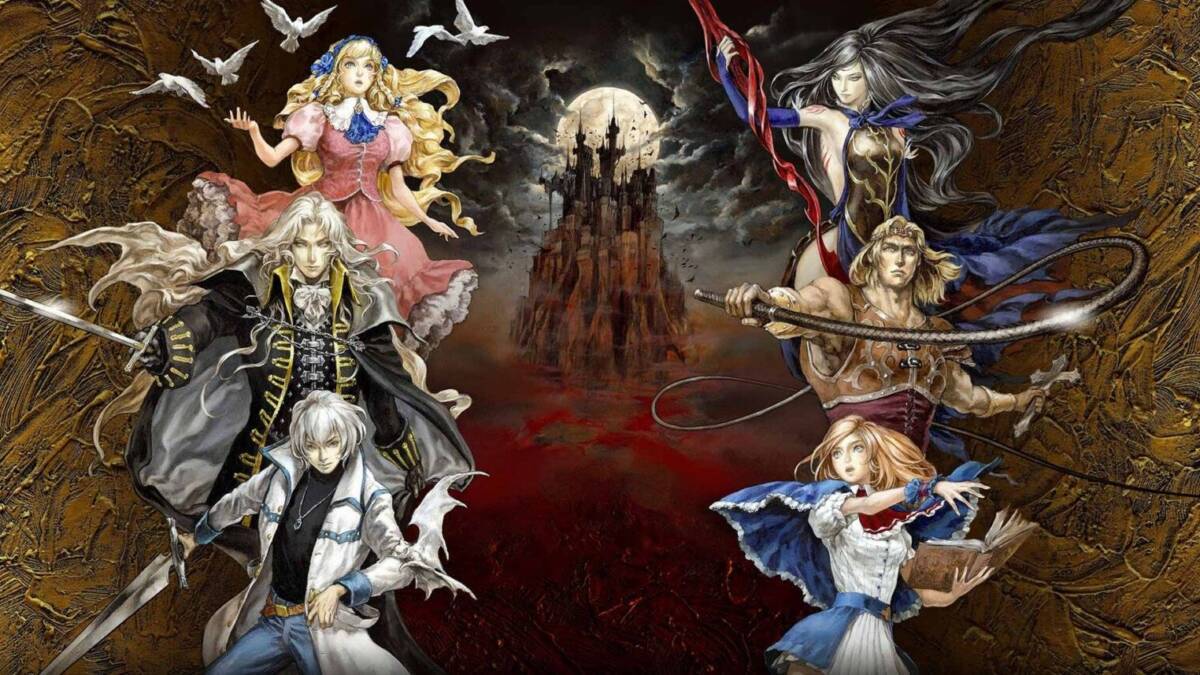Иллюстрация с персонажами Castlevania на фоне замка и луны для игры Apple Arcade