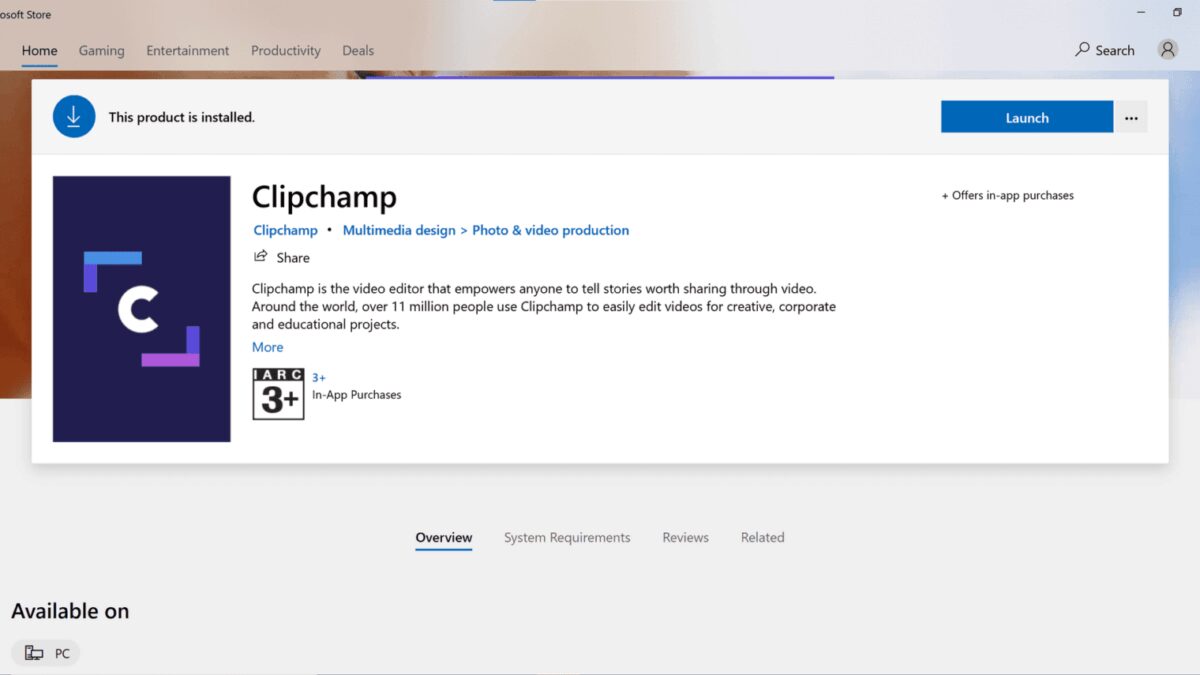 Windows Movie Maker Redux? Microsoft приобретает веб-редактор видео Clipchamp 3 Экран Microsoft Store с информацией о Clipchamp для видеоредактирования