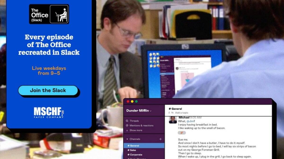 Slack теперь позволяет обмениваться видеосообщениями 5 Рекламное изображение Slack с интерфейсом чата и рекламой серых офисных работников