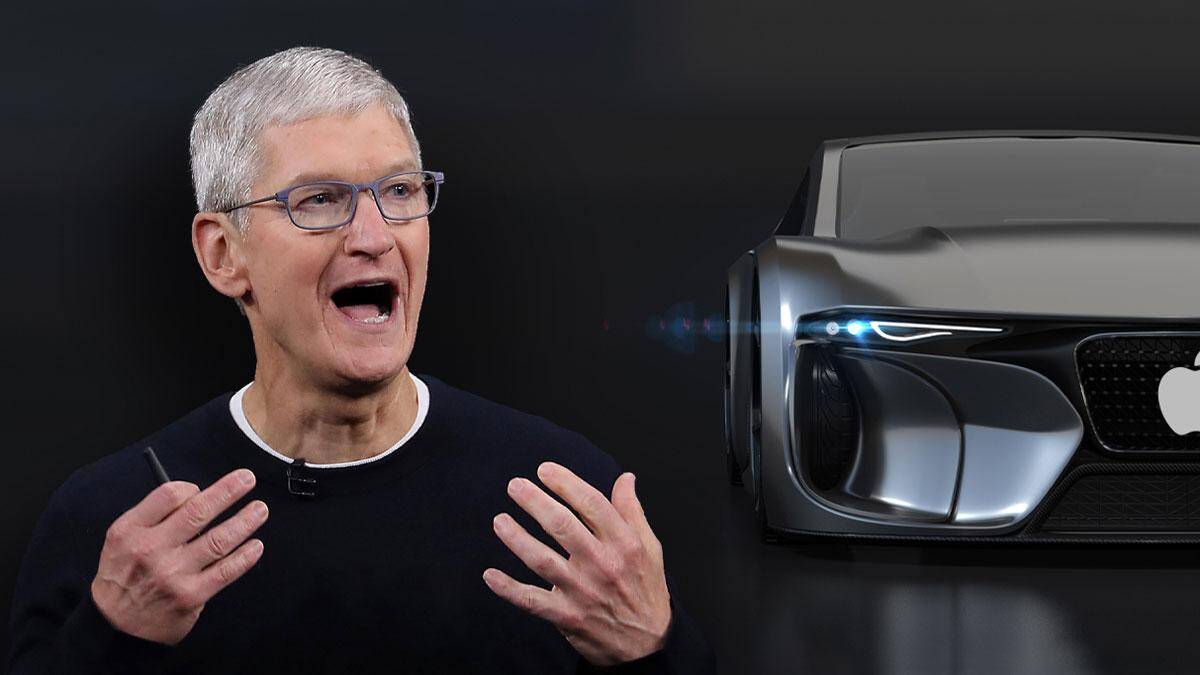 Изображение человека, выступающего перед фонарём автомобиля Apple Car