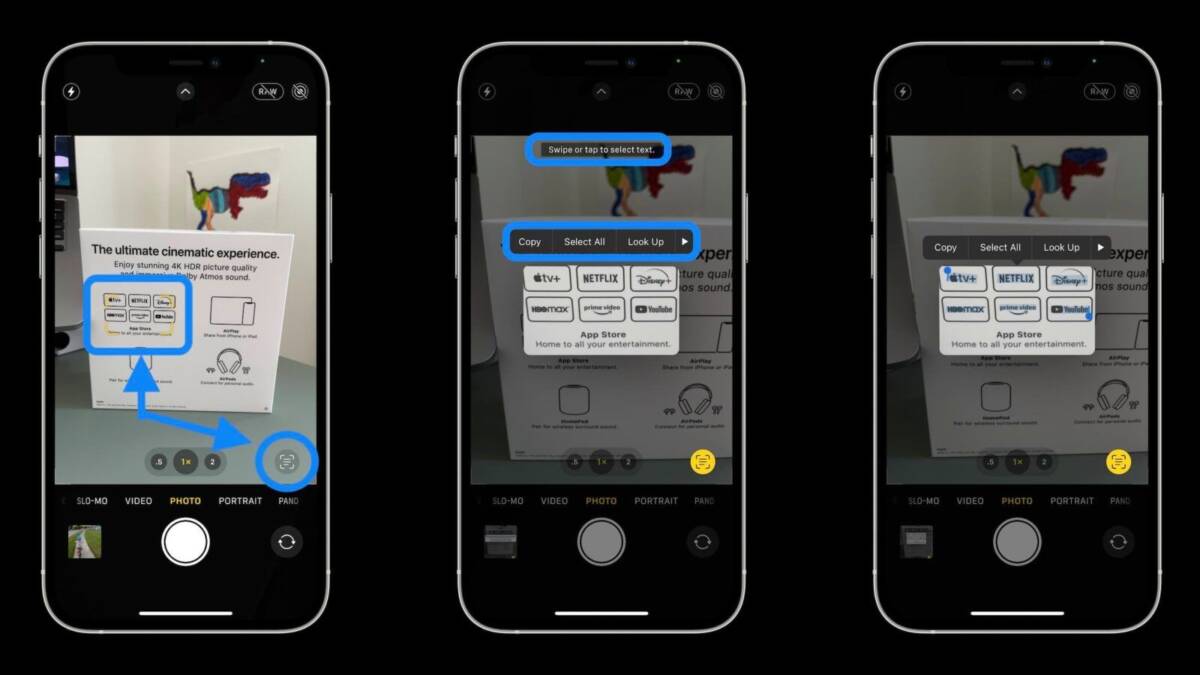 Экран iPhone с режимом фотосъёмки и выбором текста