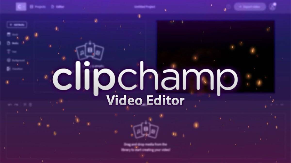 Интерфейс Clipchamp — веб-видеоредактор Microsoft: монтажная шкала, меню и панели на темном фоне