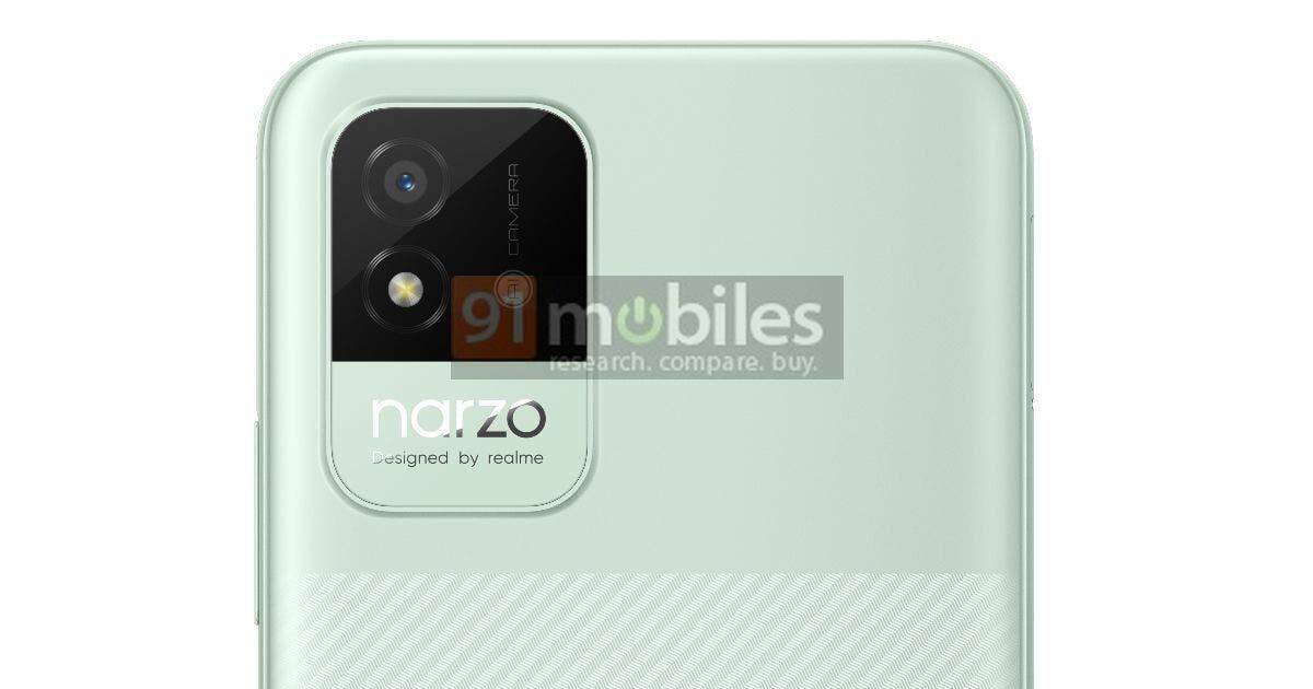 Задняя часть смартфона Realme Narzo 50i с камерой и дизайном