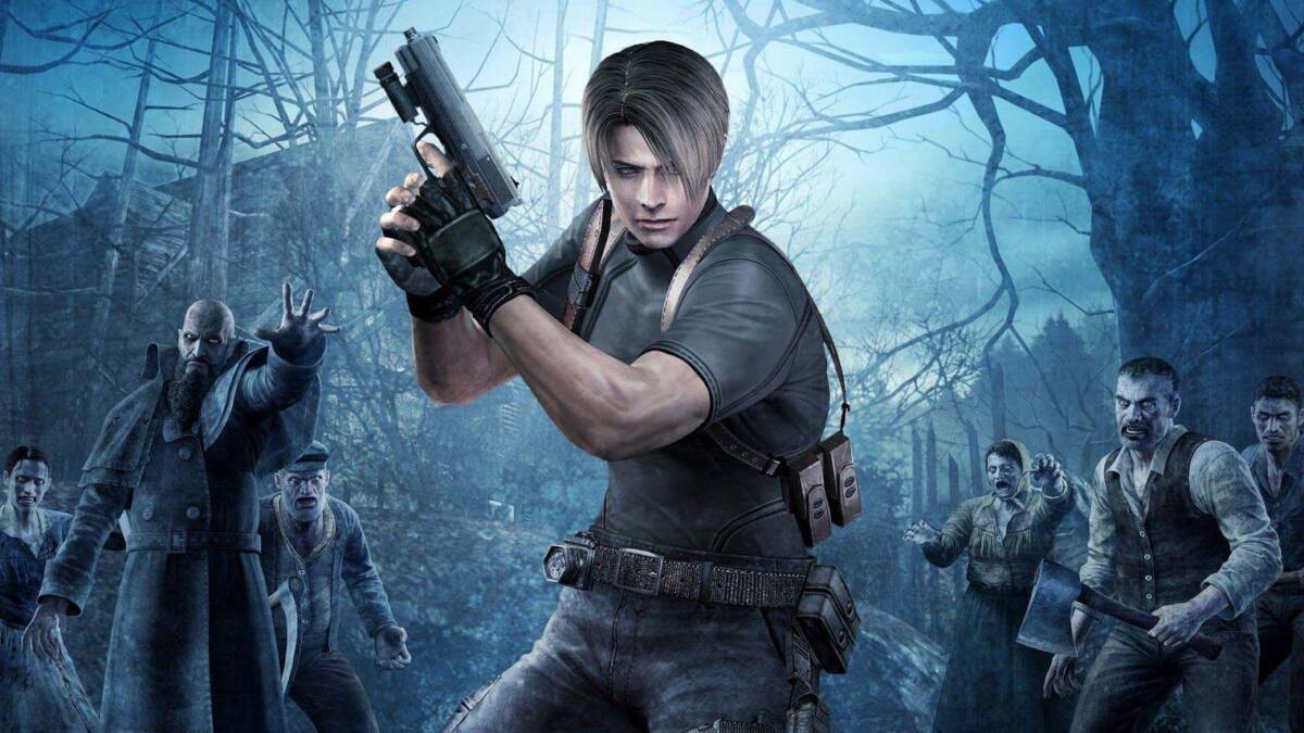 Персонаж из Resident Evil 4 с пистолетом на фоне леса