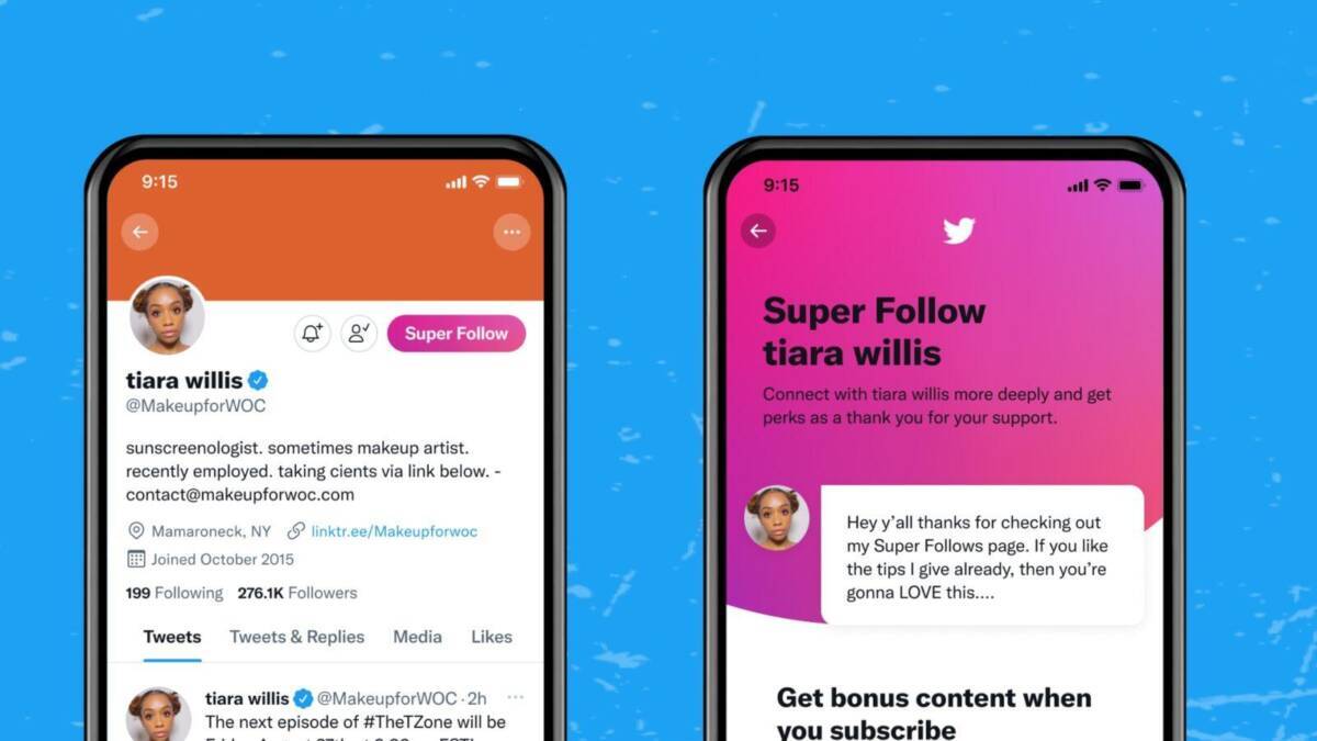 Интерфейс мобильного приложения Twitter с платной подпиской Super Follows и профилем Тиары Уиллис
