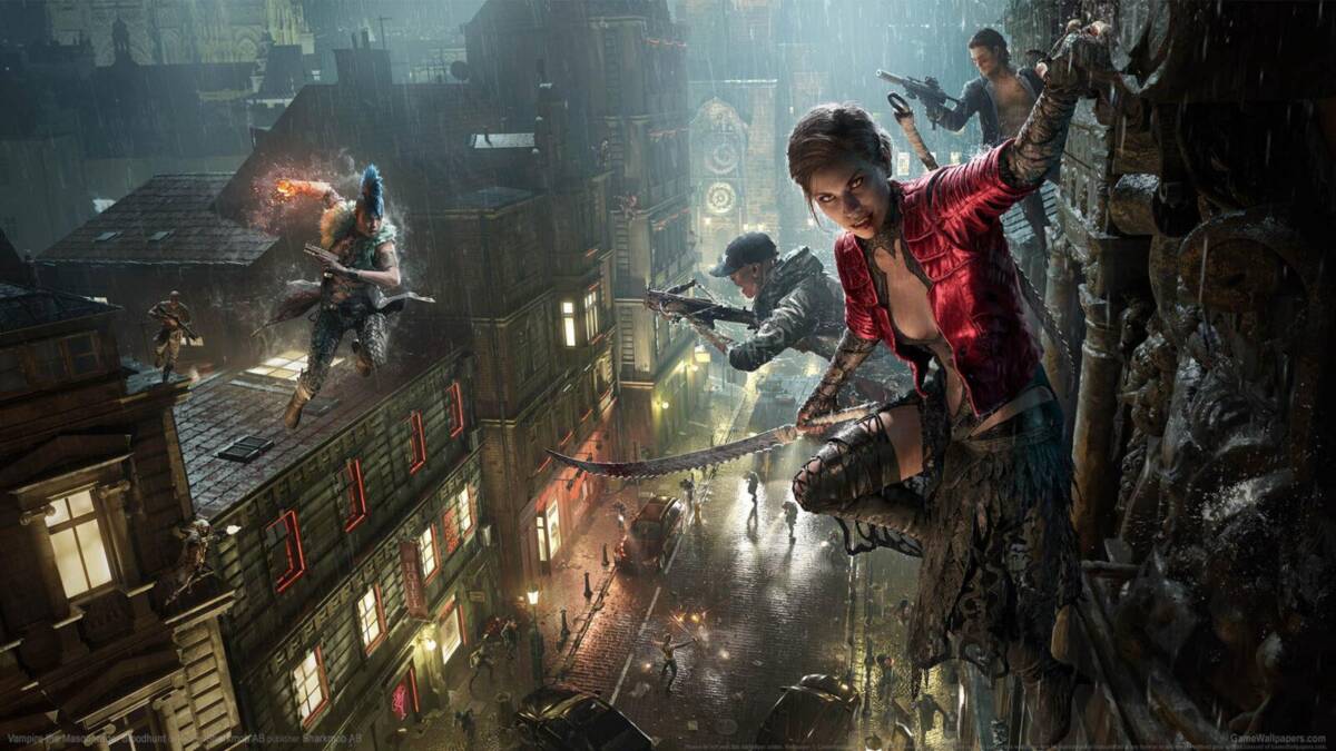 Группа героев из игры Vampire The Masquerade Bloodhunt в небе во время дождя в городе