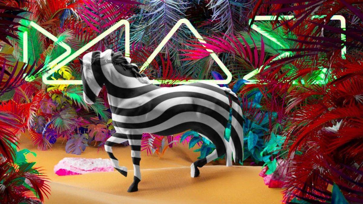 3D иллюстрация зебры с черно-белыми полосками и неоновыми тропическими растениями