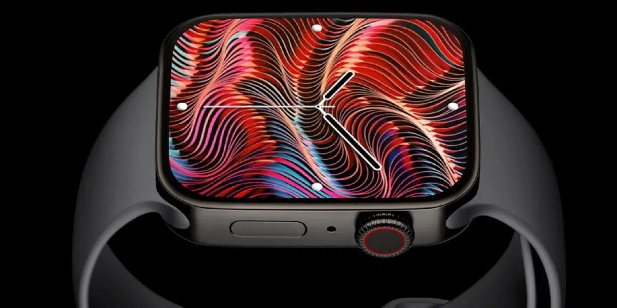 Apple Watch Series 7 с изогнутым дисплеем и черным ремешком на живом рендере