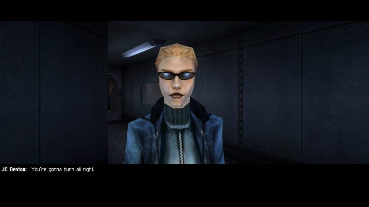 Персонаж в темной одежде с темными очками в коридоре видеоигры Deus Ex