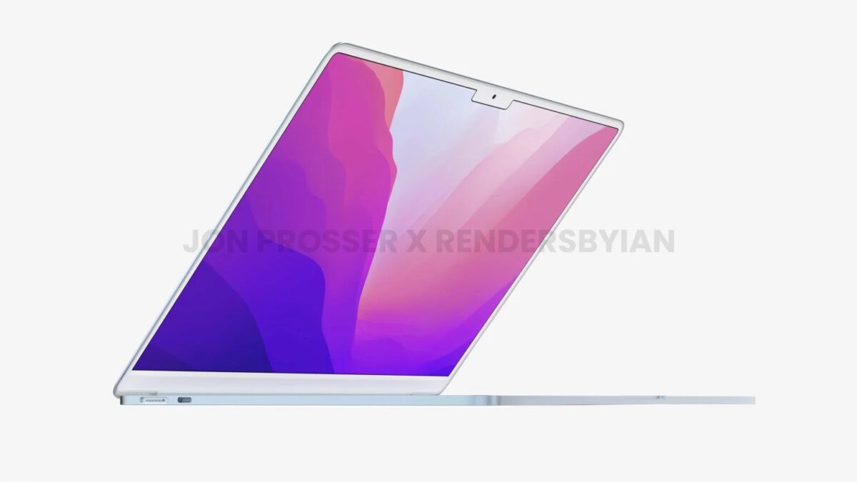 Тонкий белый ноутбук Apple MacBook Air сбоку показан