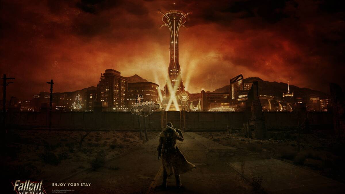 Промо-арт Fallout в постапокалиптическом стиле с атмосферой Blizzard и футуристической башней