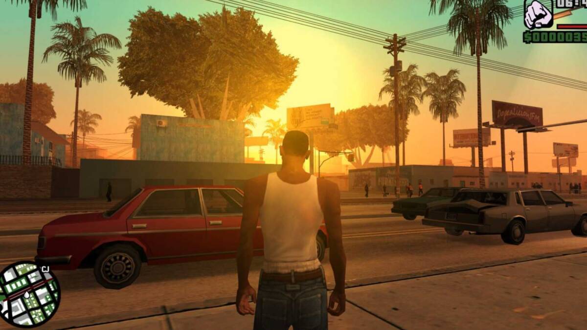 GTA San Andreas: автомобили и человек на тротуаре на фоне закатного неба в VR-режиме
