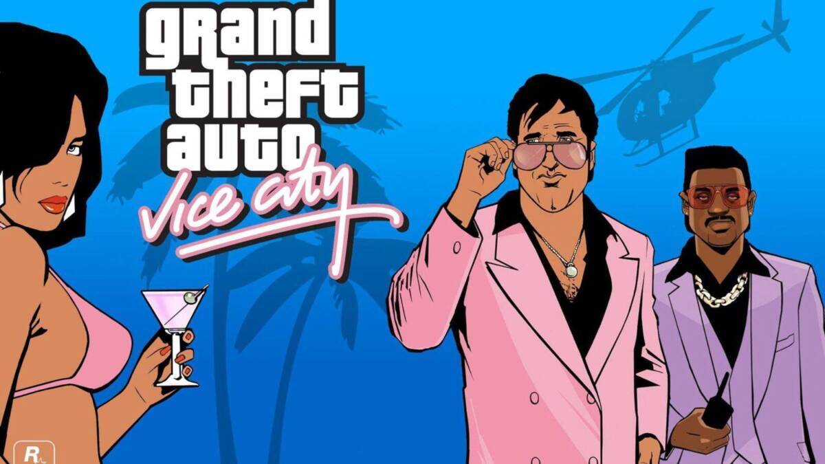 Обложка ремастера Grand Theft Auto: Vice City в анимационном стиле с персонажами и вертолетом