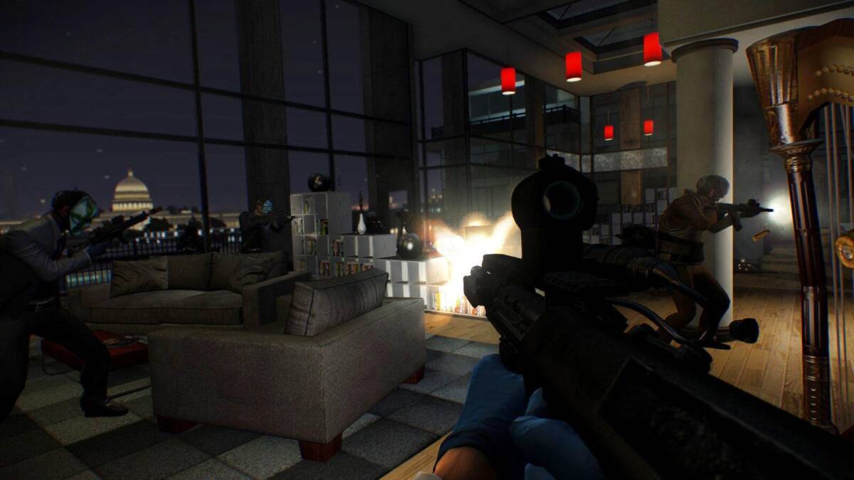 Payday 3 появится примерно в 2023 году 2 Вид от первого лица в шутере Payday 3: персонаж с оружием в офисе во время перестрелки