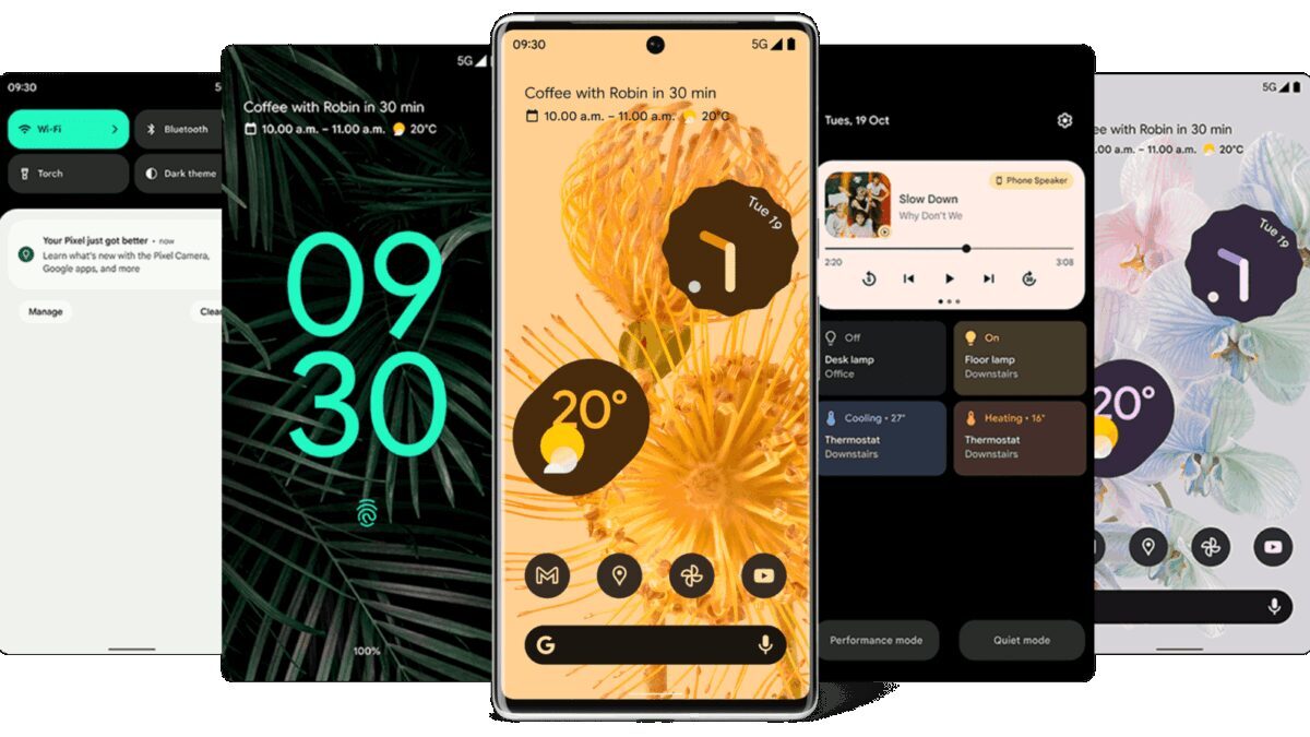 Экраны смартфонов Google Pixel с различными интерфейсами и настройками