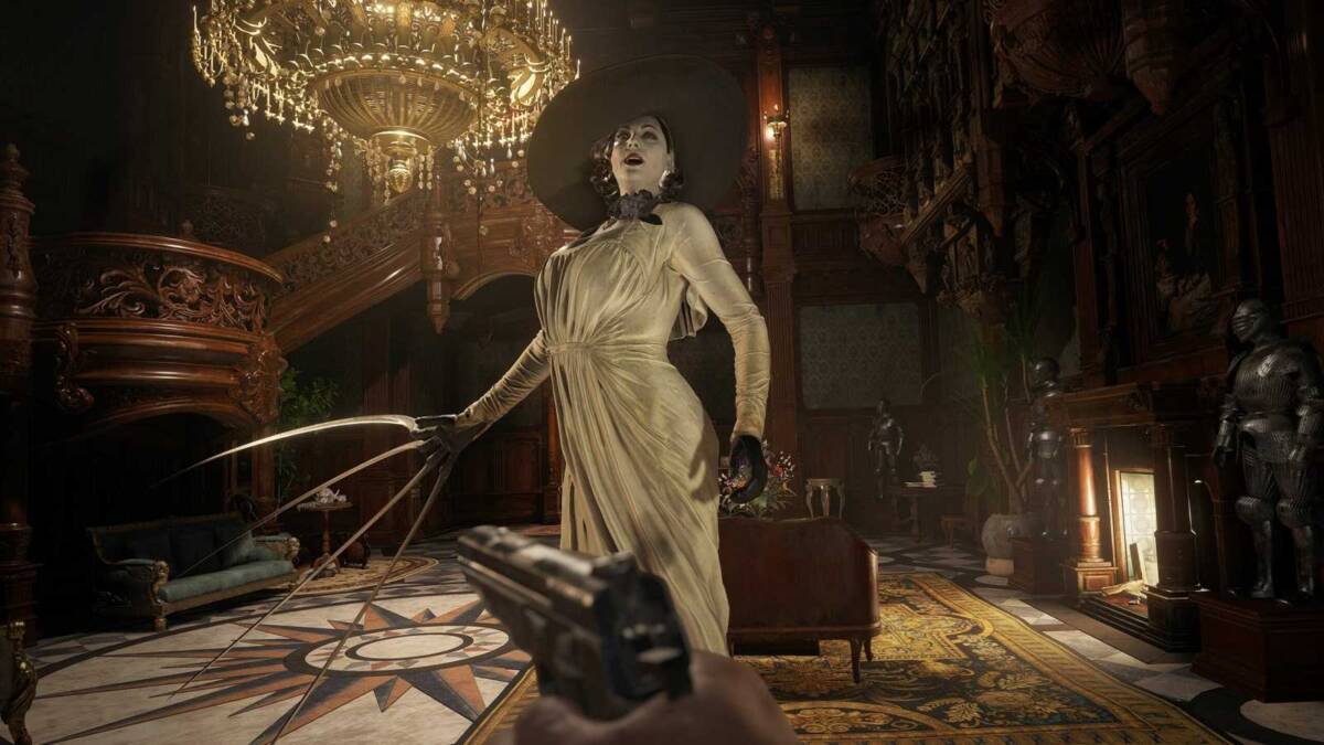 Resident Evil Village — кадр из игры с главным персонажем в мрачном поселении деревни