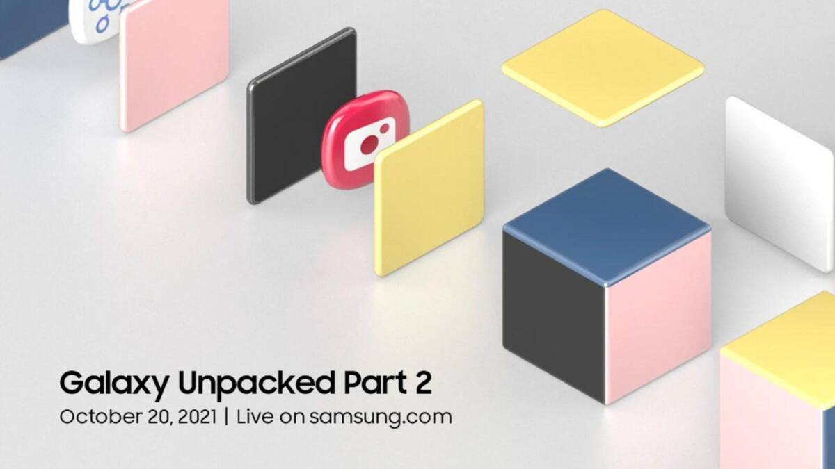 Изображение презентации новых устройств Samsung и Google с разноцветными кубиками и логотипами