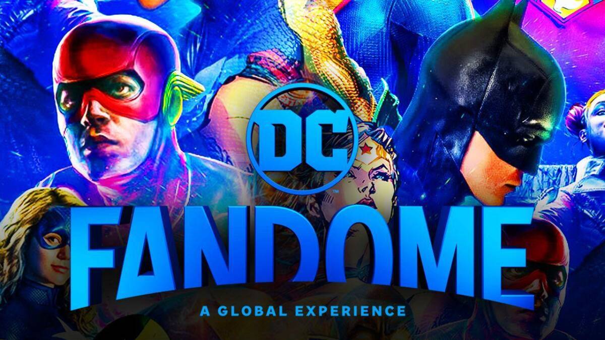 Яркий постер DC FanDome с логотипом и персонажами