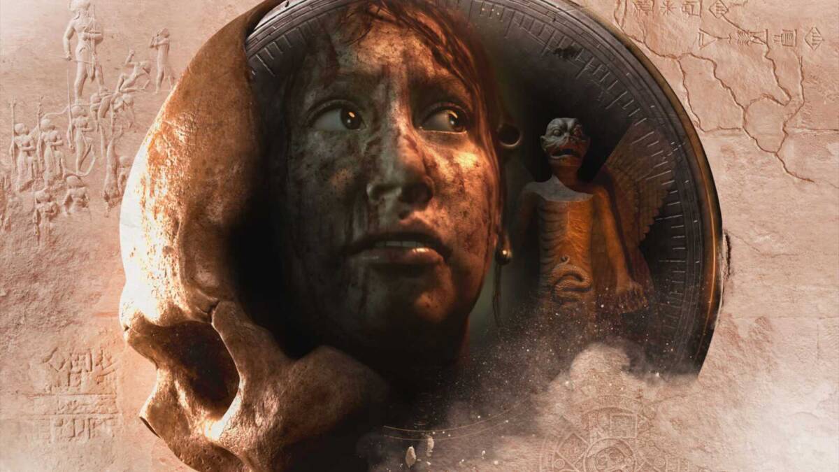 Кадр из игры House of Ashes: древняя каменная маска и статуя в песке