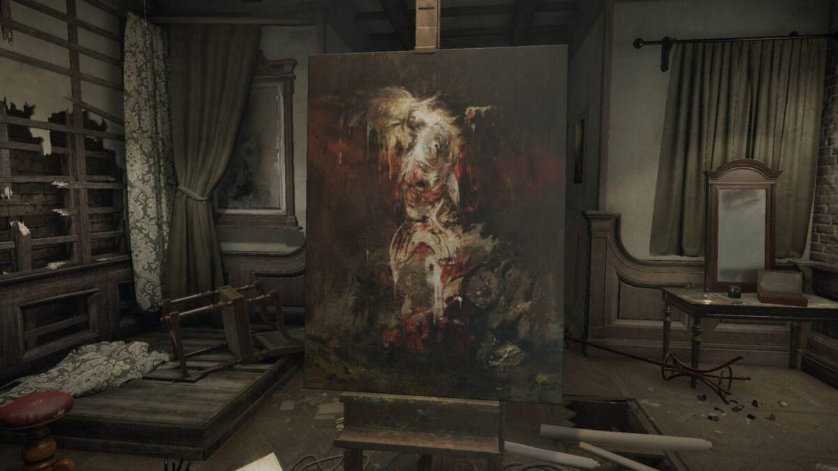 Кадр из Layers of Fear: комната с разрушенной мебелью и художественной картиной на стене