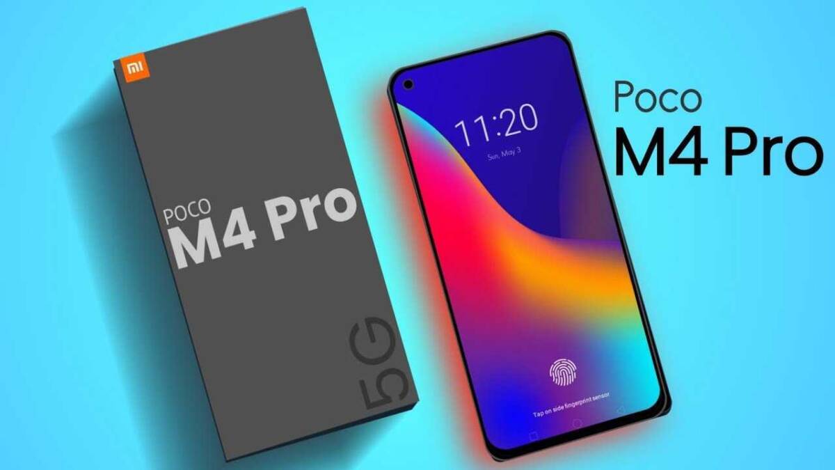 Розгрузувальна коробка с Poco M4 Pro и смартфон с экраном на фоне презентации