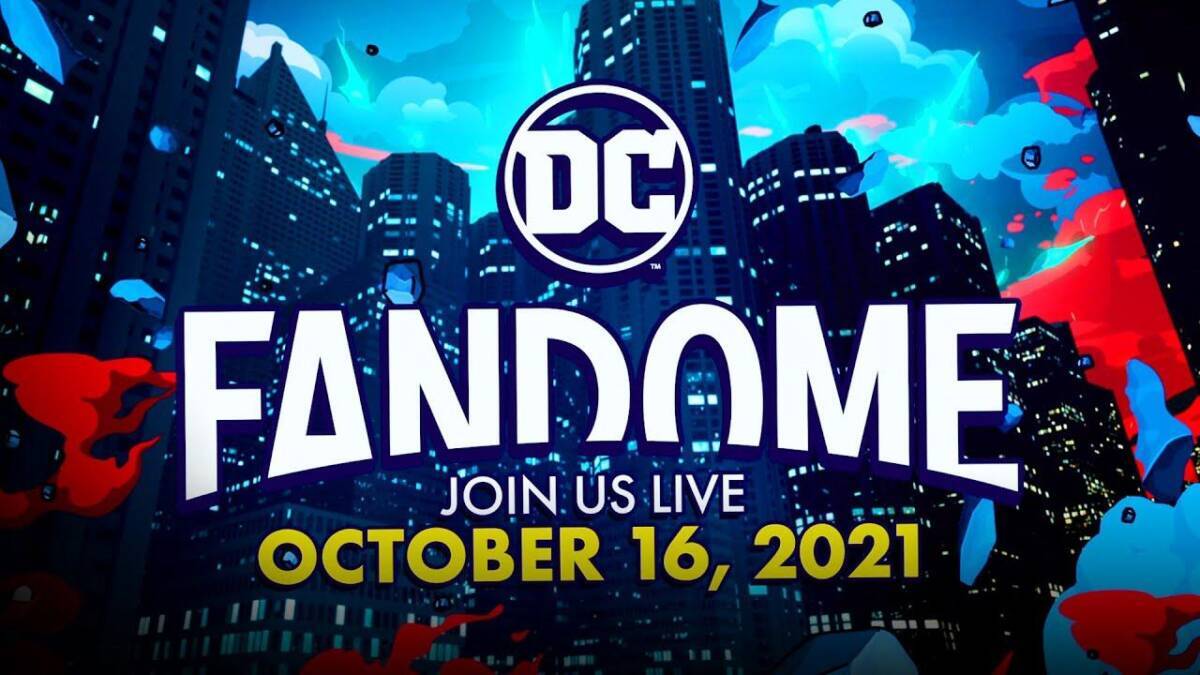 DC FanDome 2021: фоновый город с небоскребами и логотипом DC на промо-баннере мероприятия
