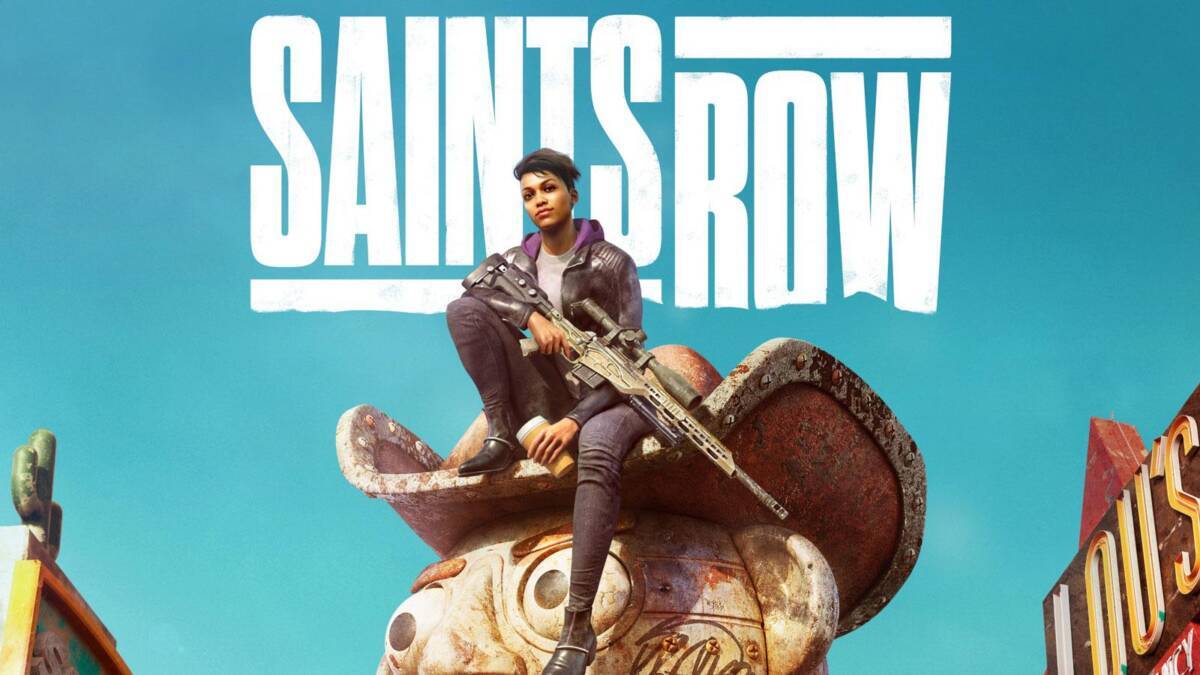 Героиня Saints Row с винтовкой сидит на ретро-роботе и держит кофе, на постере Saints Row