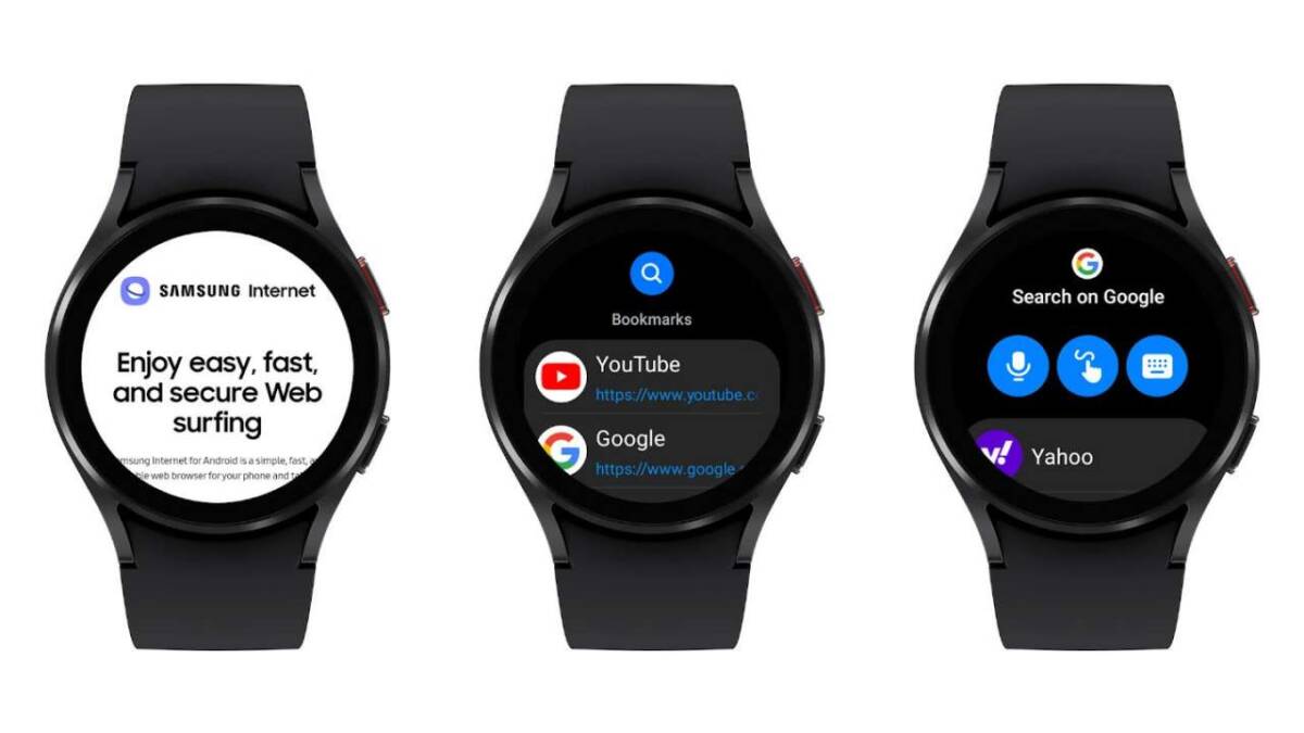 В Galaxy Watch 4 теперь есть интернет-браузер Samsung 3 Три экрана Galaxy Watch 4 показывают интерфейс поиска и веб-браузера