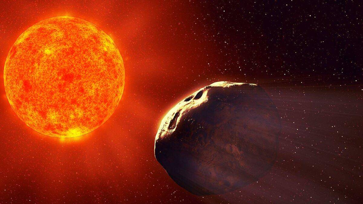 Космический пейзаж: яркое солнце и астероид в космосе, иллюстрация к теме кометы