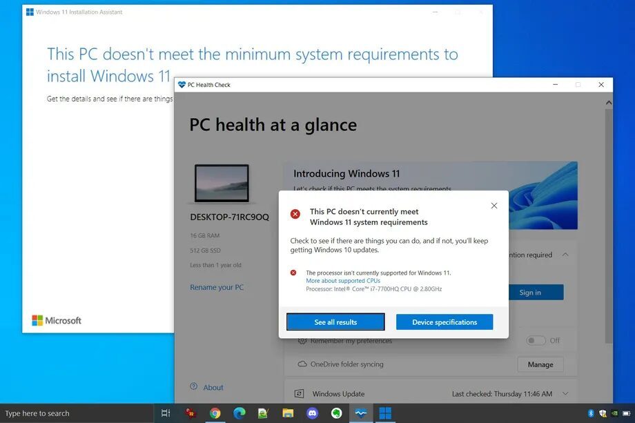 Экран с сообщением о несовместимости процессора на ПК для установки Windows 11