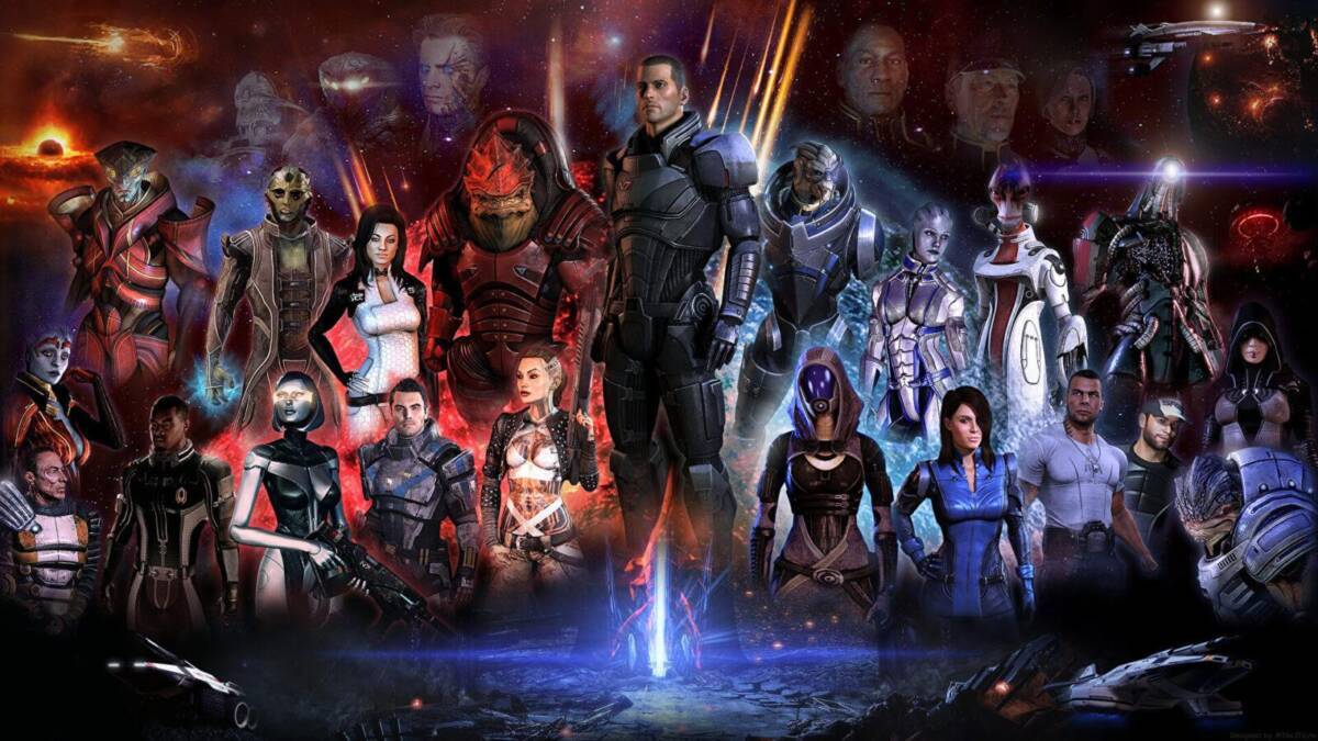 Кадр из научно-фантастического сериала Mass Effect с персонажами в космических костюмах и пейзажем космоса