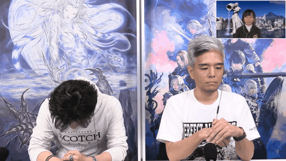 Расширение Endwalker для Final Fantasy 14 задержится 3 Двух человек на сцене с фонами с иллюстрациями из Final Fantasy 14
