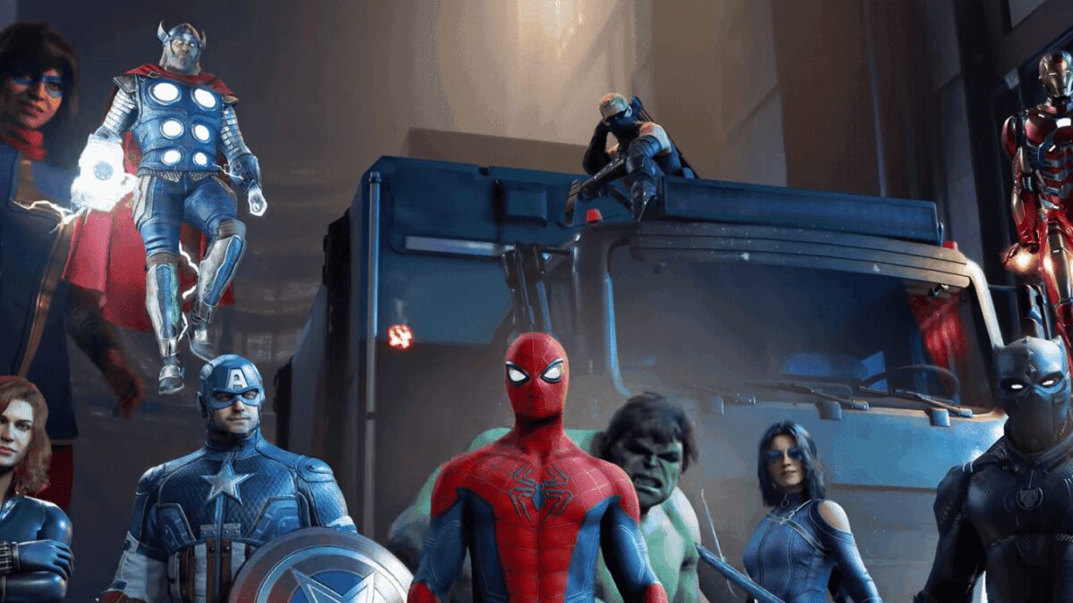 Группа супергероев Marvel на фоне синий грузовик с ИИ Человека-паука