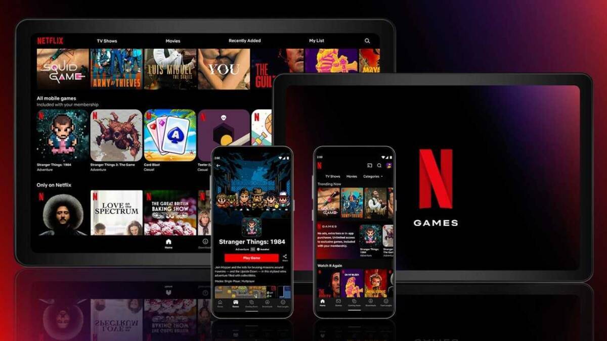 Интерфейс Netflix Games на экране планшета и смартфона Android с игрой и навигацией