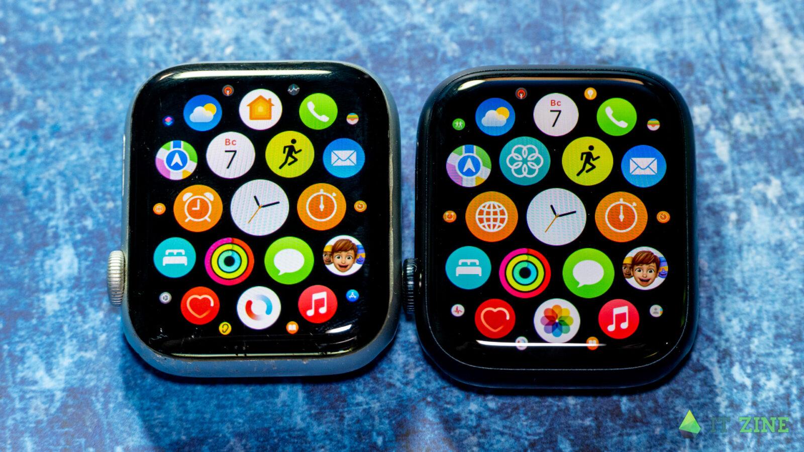 Обзор Apple Watch Series 7: огромный экран и небывалая прочность 55 Applу Watch Series 6 (слева) и Apple Watch Series 7 (справа)