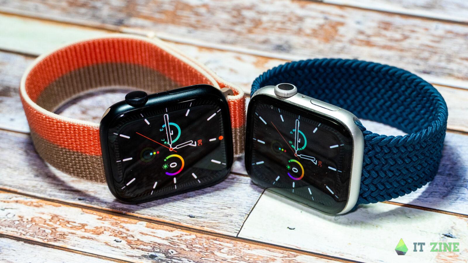 Обзор Apple Watch Series 7: огромный экран и небывалая прочность 56 А теперь с ремешками. Apple Watch Series 6 (справа) и Apple Watch Series 7 (слева)