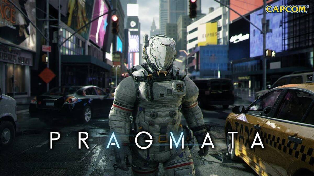 Кадр из игры Pragmata: главный герой в футуристическом скафандре на городском фоне