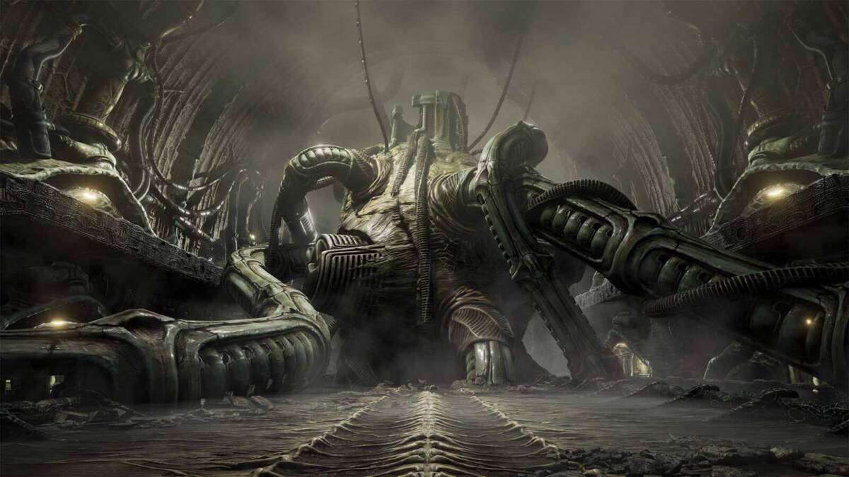 Кадр хоррор-шутера Scorn с гигантским механическим существом в темной технологической среде