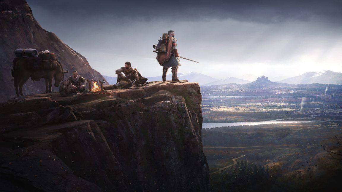 Сцена из мрачной тактической RPG Wartales: персонажи на скалистом утесе