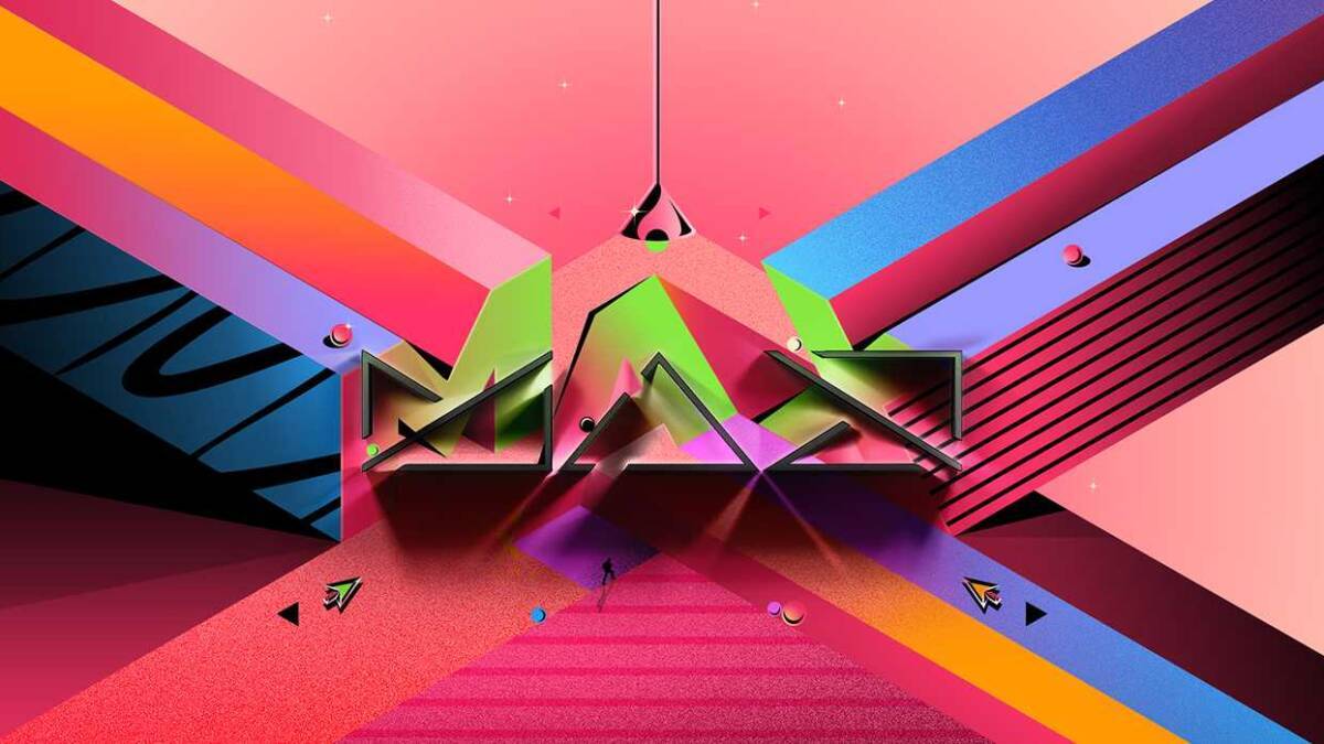 Креативное цифровое арт-изображение для Adobe MAX 2021 с яркими геометрическими линиями и формами